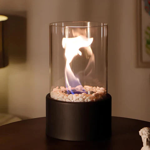 Round Glass Oil Lamp | Open Flame Table Decor, Metal Frame