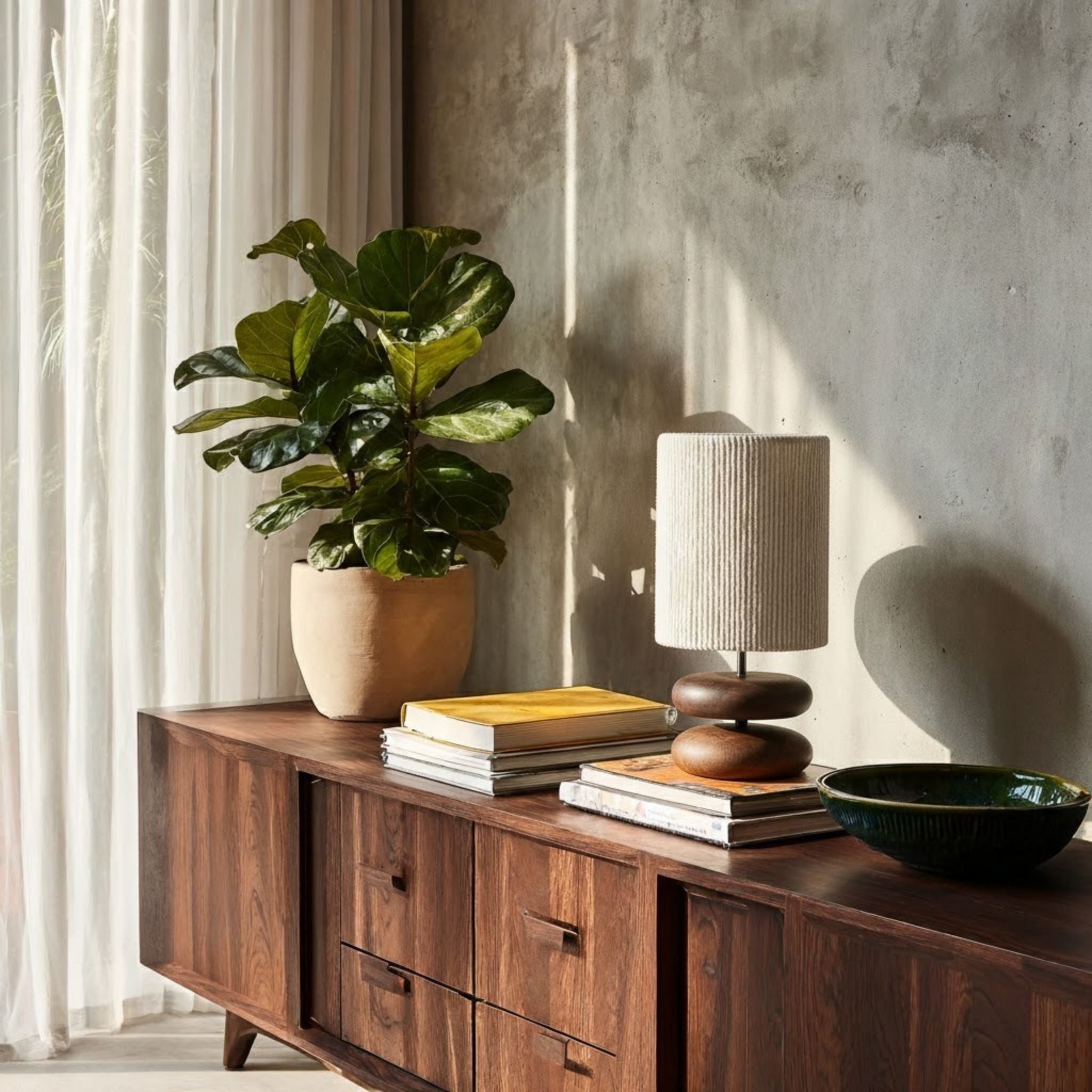 Walnut Wood Table Lamp with Fabric Shade | Warm, Sculptural Design