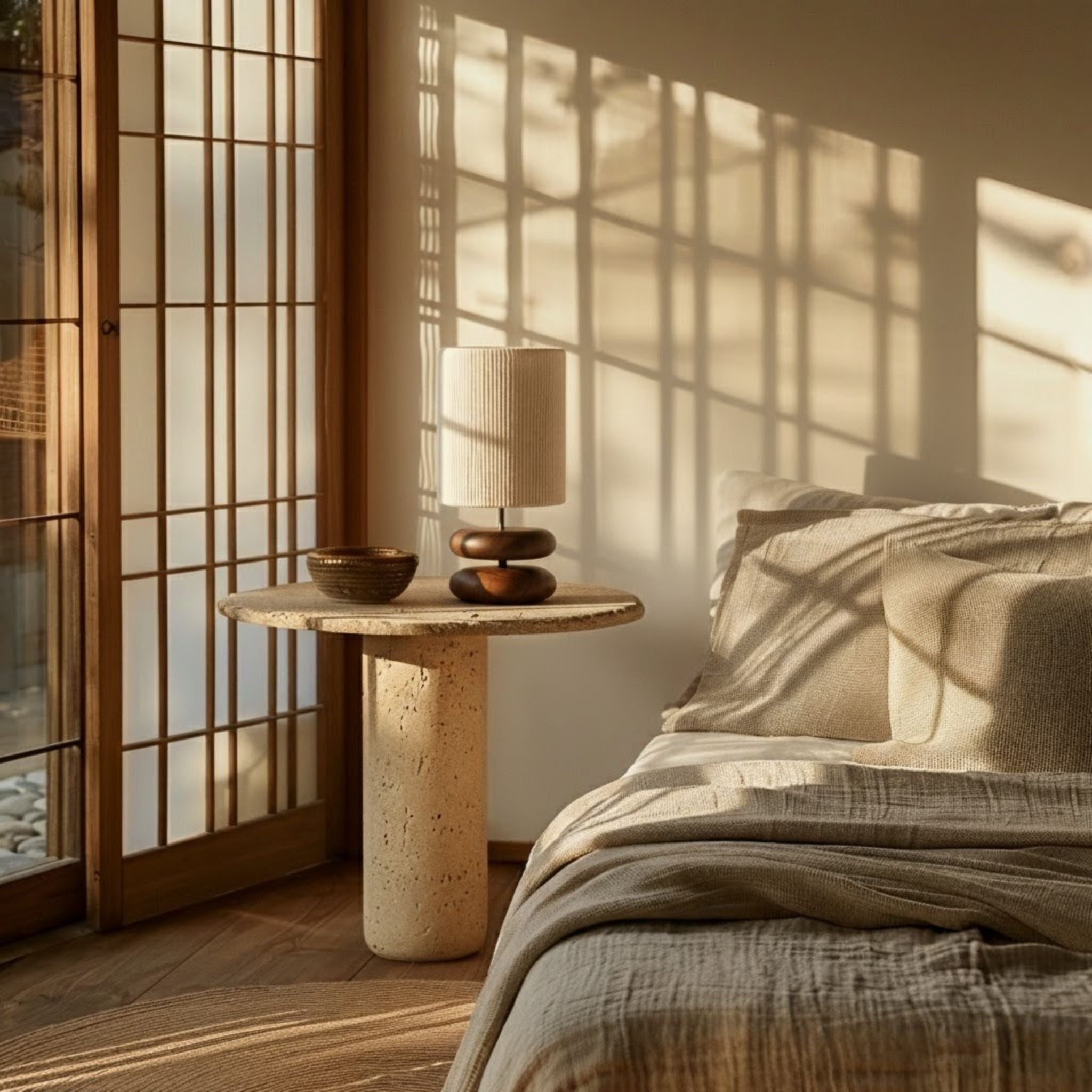 Walnut Wood Table Lamp with Fabric Shade | Warm, Sculptural Design