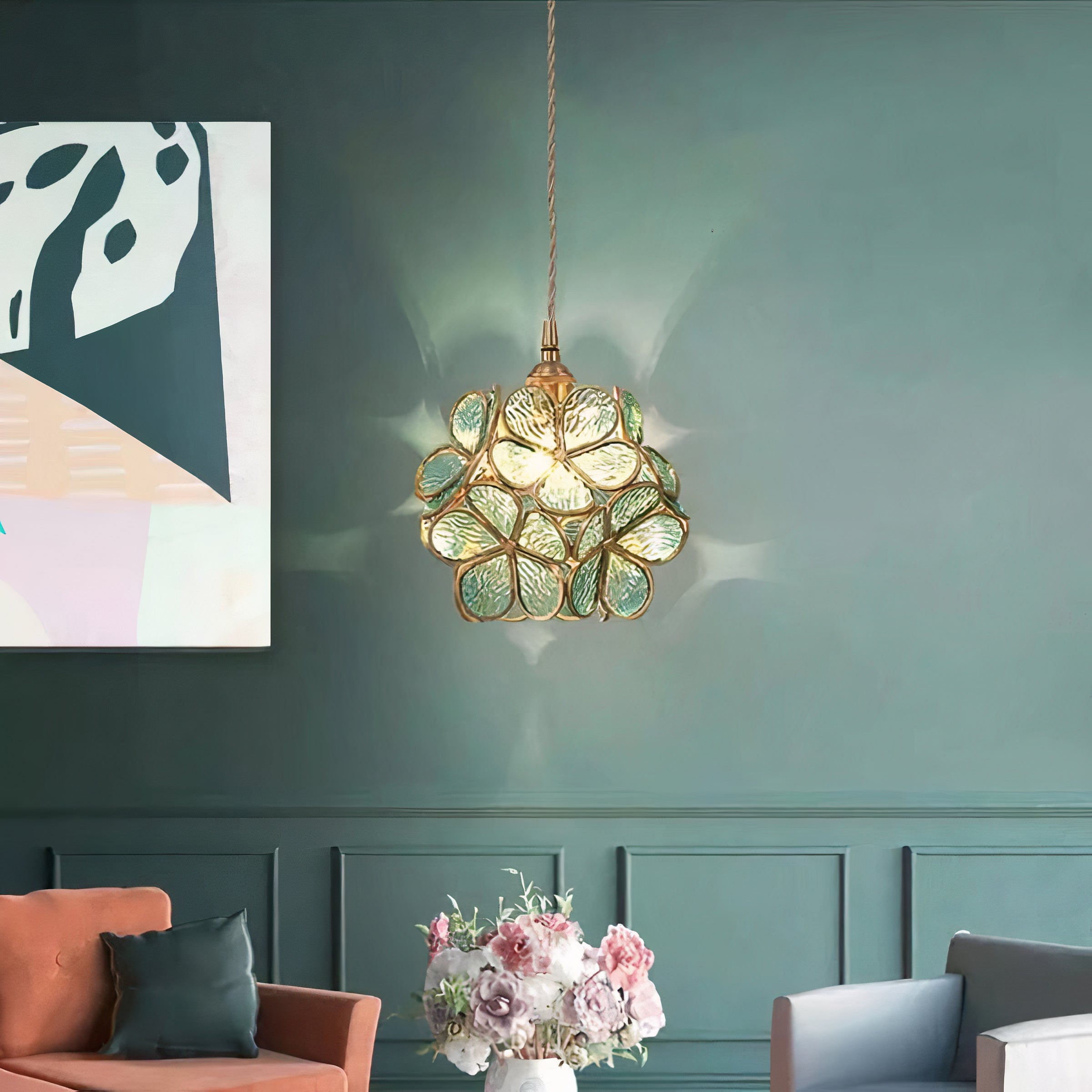 Flower Glass Pendant Light | Brass Vintage Style, E27