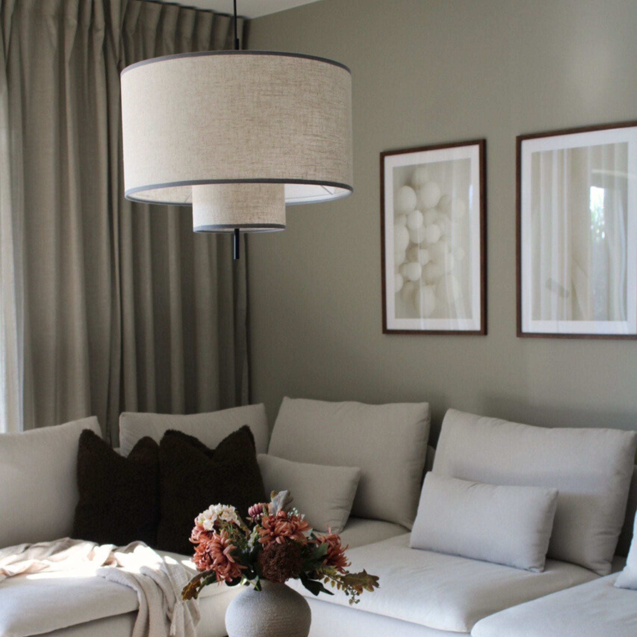 Beige Fabric Drum Pendant Light | Scandinavian Style, 19.7 in