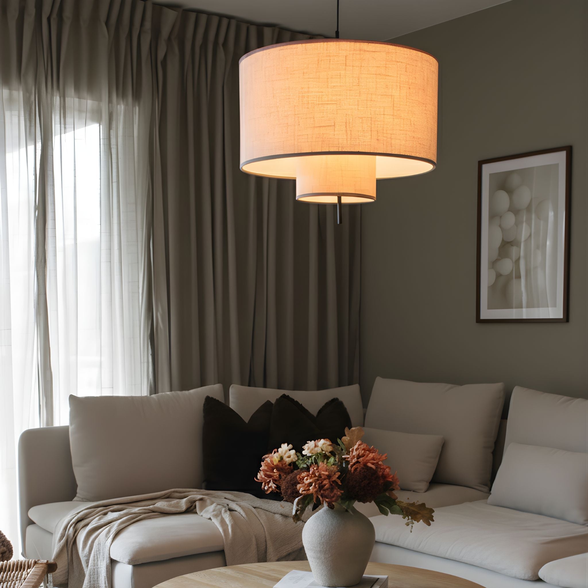 Beige Fabric Drum Pendant Light | Scandinavian Style, 19.7 in