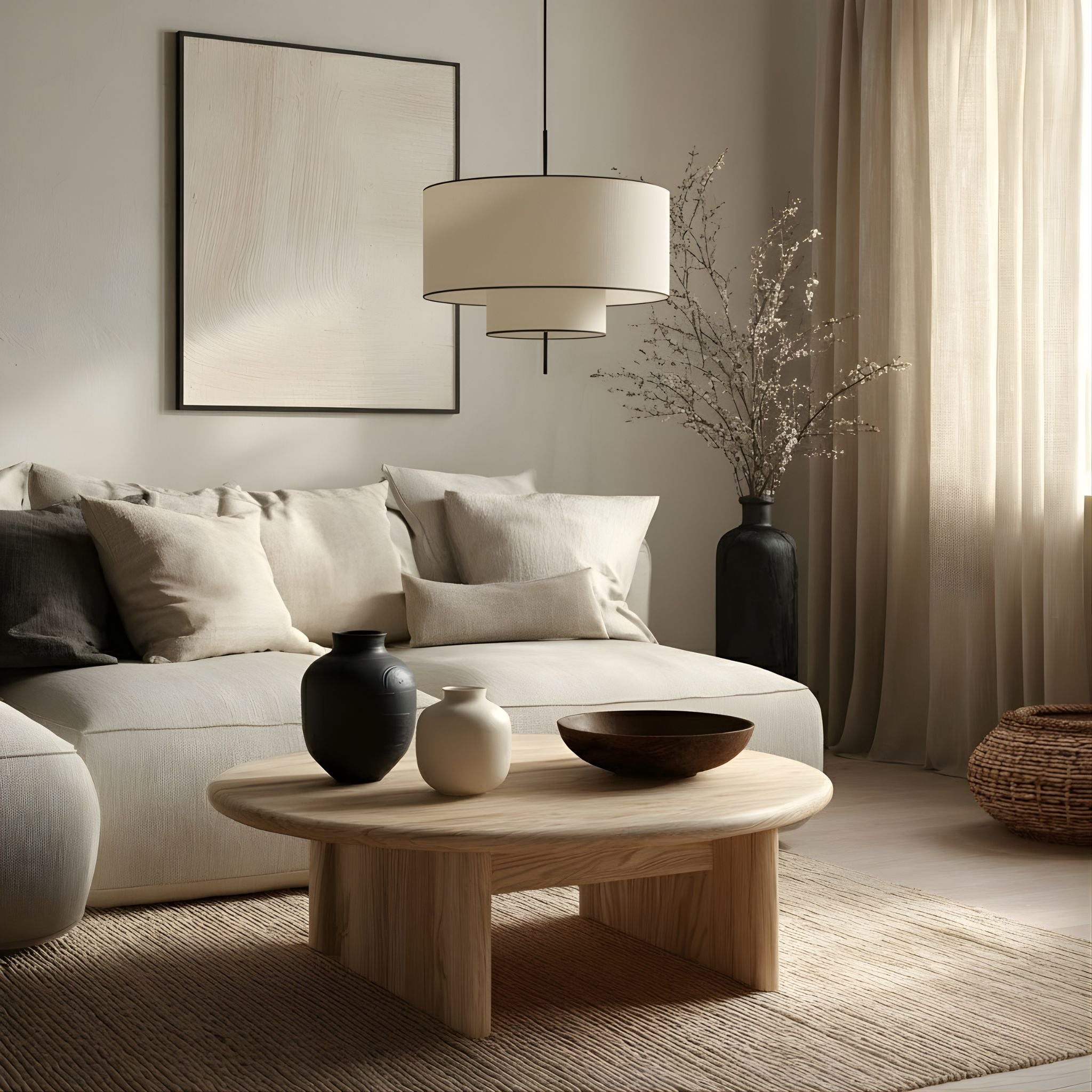 Beige Fabric Drum Pendant Light | Scandinavian Style, 19.7 in